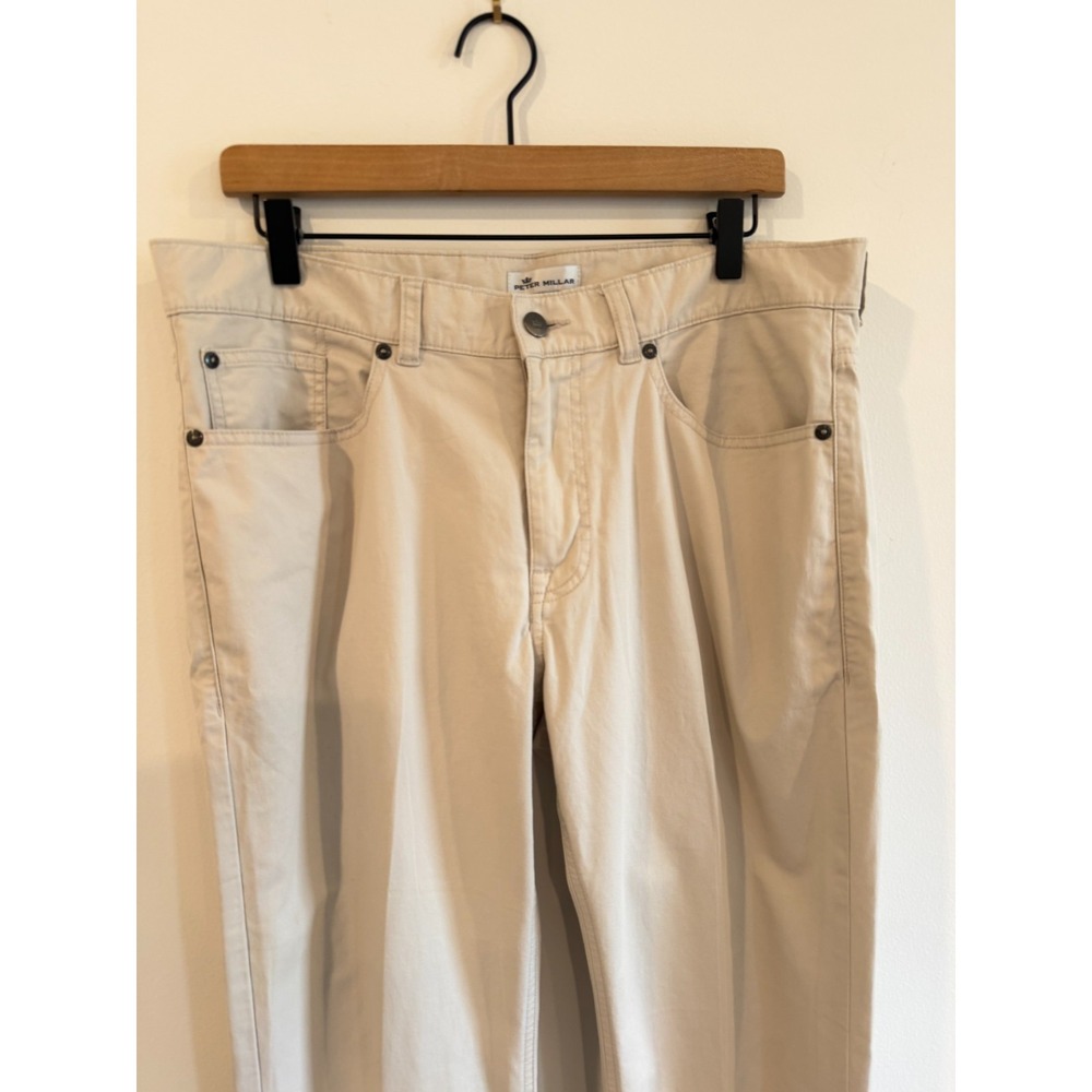 Peter Millar Twill Pants Men Beige 5 Pocket Soft Touch Pima Blend ME0B47 35X32 - Picture 2 of 13
